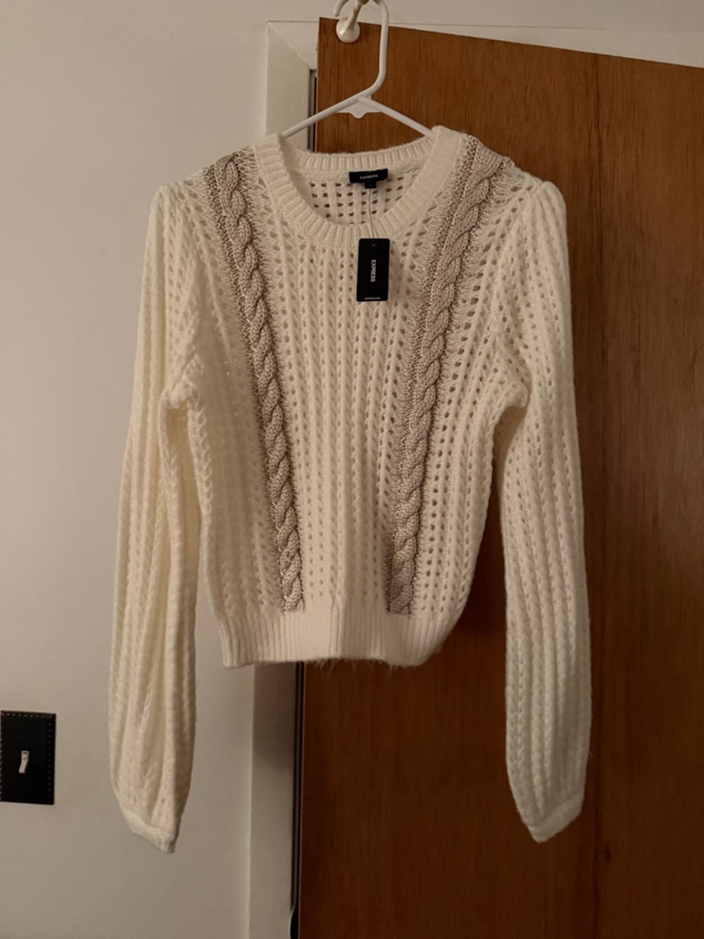 Express Cream Cable-Knit Women's Sweater with Contrast Trim